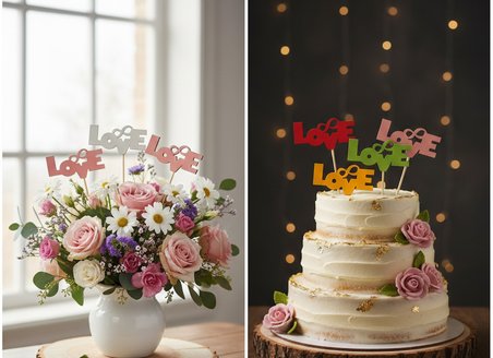 5 Farklı Renkte Ahşap Love Yazılı Pasta ve Çiçek Süsü - Düğün, Nişan ve Doğum Günü Dekoratif Süs, 5’li paket