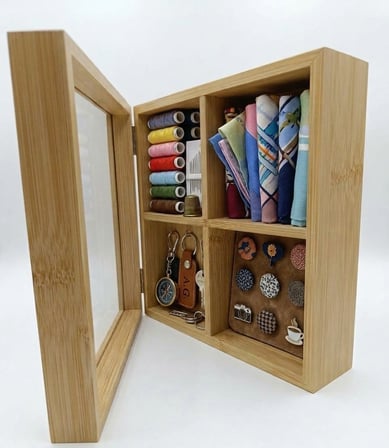 Nar Atölye Bambu Ahşap Organizer Kutu 20x20 cm - Menteşeli Şeffaf Kapaklı 4 Bölmeli Düzenleyici