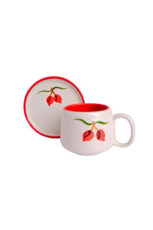 Nar Desenli Tabaklı Double Seramik El Yapımı Kupa, Seramik Kupa, Handmade, Kahve Kupası