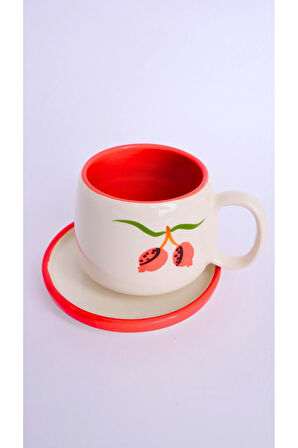 Nar Desenli Tabaklı Double Seramik El Yapımı Kupa, Seramik Kupa, Handmade, Kahve Kupası