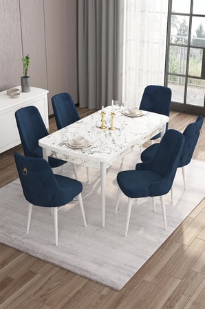 Are Serisi 80x132 Açılabilir Mdf Beyaz Mermer Desen Masa Takımı Ve 6 Lacivert Sandalye