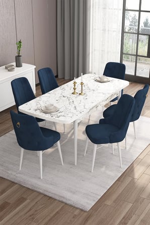 Are Serisi 80x132 Açılabilir Mdf Beyaz Mermer Desen Masa Takımı Ve 6 Lacivert Sandalye