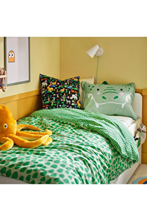 Çocuk Nevresim tTkımı, Yeşil, 150x200/50x60 cm Timsah Temalı