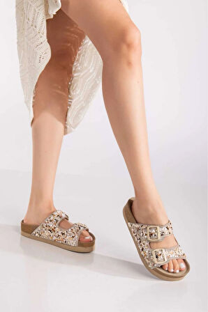 Taş Desenli Ortopedik Kadın Terlik - Bej