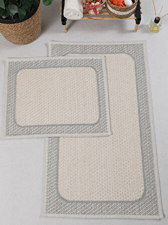 Naturel Pamuklu Kilim Yıkanabilir Banyo Paspası Seti 2'li Klozet Takımı 60x100-50x60cm 7034