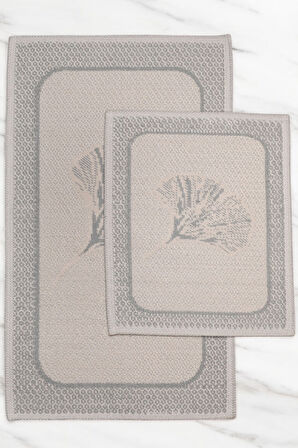 Naturel Pamuklu Kilim Yıkanabilir Banyo Paspası 2'li Klozet Takımı 60x100-50x60cm Çiçekli