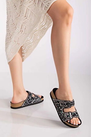 Taş Desenli Ortopedik Kadın Terlik - Siyah