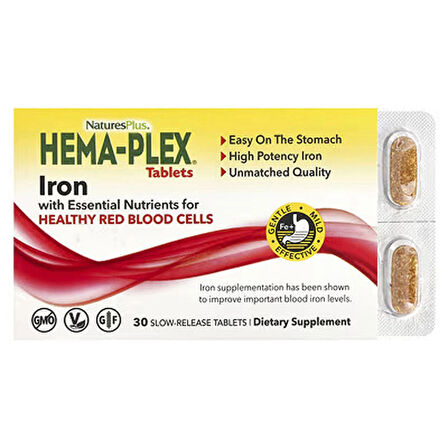 Natures Plus Hema-Plex Iron (B12 +B6 + Niacin + Demir + Zinc)- 30 Slow-Release Tablet