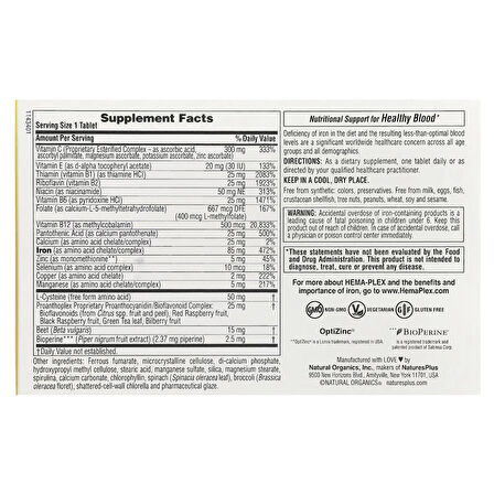 Natures Plus Hema-Plex Iron (B12 +B6 + Niacin + Demir + Zinc)- 30 Slow-Release Tablet