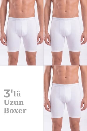 Delux Serisi 3'lü Paket Erkek Beyaz Uzun Paçalı Boxer Esnek İç Giyim Lastikli Bel Düz Desen