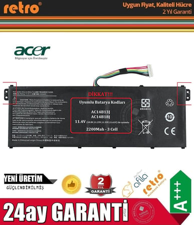 Acer AC14B18J, Swift 3 Notebook Bataryası, Laptop Pili - 2200mAh - 11.4V - 3Cell / RACL-073