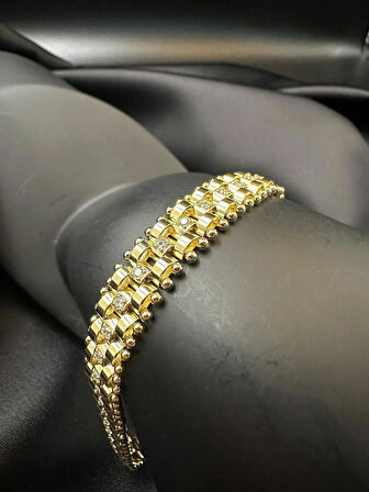 Kadın zirkon taşlı kordon tasarım kuyumcu işçiliği 14k gold renkli bileklik bilezik