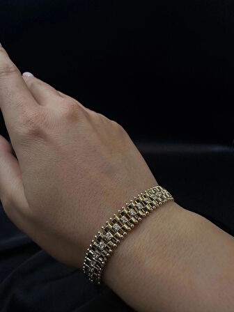 Kadın zirkon taşlı kordon tasarım kuyumcu işçiliği 14k gold renkli bileklik bilezik