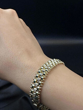 Kadın zirkon taşlı kordon tasarım kuyumcu işçiliği 14k gold renkli bileklik bilezik