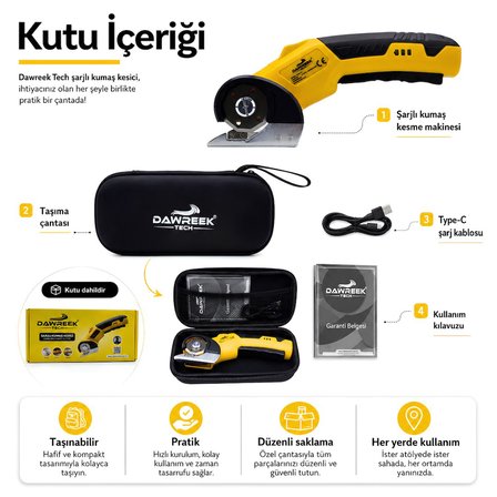 Dawreek NBA115 Şarjlı Kumaş Kesme Makinesi Type-C Girişli Sarı