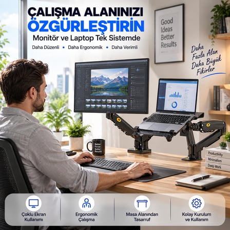 Luve Store NB F160+FP Gazlı Çift Kollu Monitör Laptop Standı 17-30 İnç Ekran 10-17 İnç Notebook VESA Uyumlu
