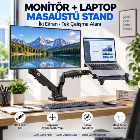 Luve Store NB F160+FP Gazlı Çift Kollu Monitör Laptop Standı 17-30 İnç Ekran 10-17 İnç Notebook VESA Uyumlu
