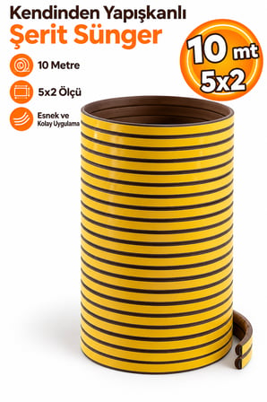 Yapışkanlı Kapı - Pencere Bandı Fitili Soğuk İzolasyon Kauçuk Bantları 5x2=10 Metre (KAHVERENGİ)