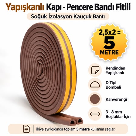 Yapışkanlı 2,5X2=5 Metre (KAHVERENGİ) Kapı Pencere Bandı Fitili Soğuk Izolasyon Kauçuk Bantları
