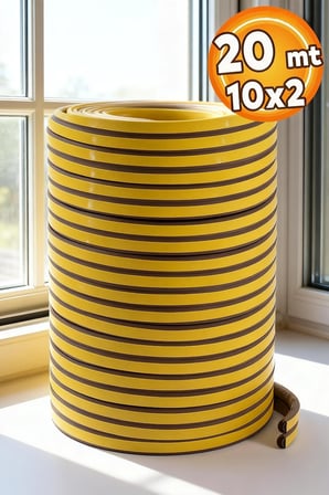 Yapışkanlı Kapı - Pencere Bandı Fitili Soğuk İzolasyon Kauçuk Bantları 10x2=20 Metre (KAHVERENGİ)