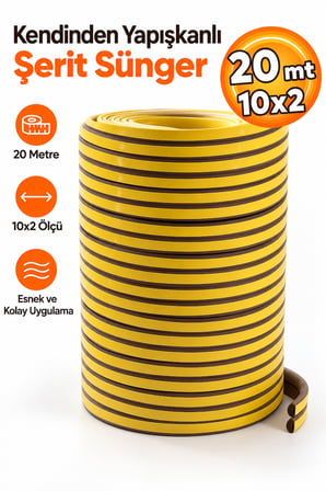 Yapışkanlı Kapı - Pencere Bandı Fitili Soğuk İzolasyon Kauçuk Bantları 10x2=20 Metre (KAHVERENGİ)