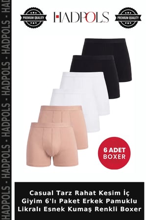 Casual Tarz Rahat Kesim İç Giyim 6'lı Paket Erkek Pamuklu Likralı Esnek Kumaş Renkli Boxer