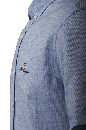 Erkek Mavi Kısa Kol Yazlık Gömlek Slim Fit Düğme Yaka Pamuklu İnce Kumaş JEANS 7174 SHİRT