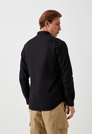 Erkek Gömlek Pamuklu Siyah Ön Pat'lı Slim Fit Düğmeli Yaka Logo Detaylı Gömlek NCS JEANS 7276