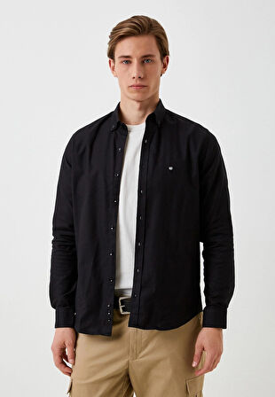 Erkek Gömlek Pamuklu Siyah Ön Pat'lı Slim Fit Düğmeli Yaka Logo Detaylı Gömlek NCS JEANS 7276