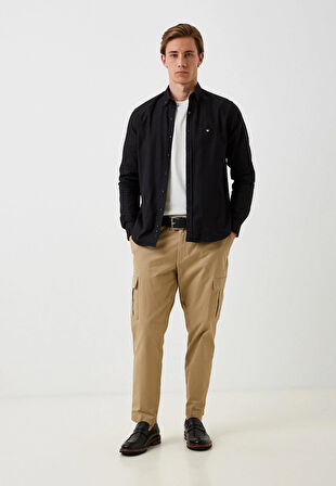 Erkek Gömlek Pamuklu Siyah Ön Pat'lı Slim Fit Düğmeli Yaka Logo Detaylı Gömlek NCS JEANS 7276