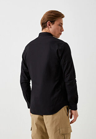 Erkek Gömlek Pamuklu Siyah Ön Pat'lı Slim Fit Düğmeli Yaka Logo Detaylı Gömlek NCS JEANS 7276