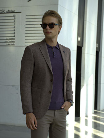 Kiremit Erkek Yün Ceket Mono Yaka Üstten Torba Cep Çift Yırtmaçlı Slim Fit Ceket NCS JEANS 4002 