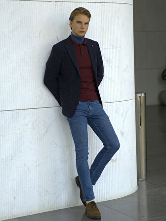 Lacivert Erkek Yün Ceket Nopeli Mono Yaka Torba Cep Çift Yırtmaç Slim Fit Ceket NCS JEANS 4003