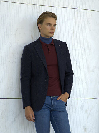 Lacivert Erkek Yün Ceket Nopeli Mono Yaka Torba Cep Çift Yırtmaç Slim Fit Ceket NCS JEANS 4003