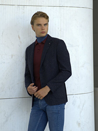 Lacivert Erkek Yün Ceket Nopeli Mono Yaka Torba Cep Çift Yırtmaç Slim Fit Ceket NCS JEANS 4003