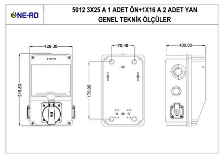NE-AD 5012 Kombinasyon Kutusu Makine Prizi 3X25 Ön+Pano Prizi 1X16 