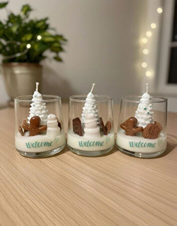 Yılbaşı Temalı Bardak Mum - Kardan Adam, Ağaç ve Kurabiye Adamlı Dekoratif Yılbaşı Hediye