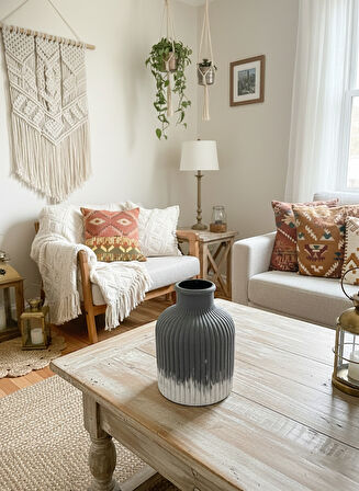 Vazo Rustic Bohem Ev Dekorasyon Siyah Beyaz Çizgili Modern Küçük Boy Pampas Çiçeklik