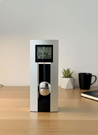 Dekoratif Manyetik Sarkaçlı Fütüristik Dijital Masa Saati Işıklı Alarm ve Takvimli Ev Ofis