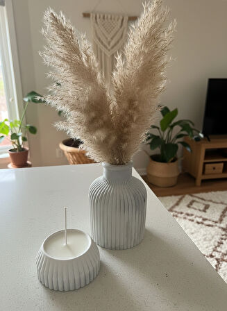 Bohem İskandinav Vazo ve Soya Mum Seti | Mat Gri Beyaz Modern Dekoratif 2'li Set HEDİYE
