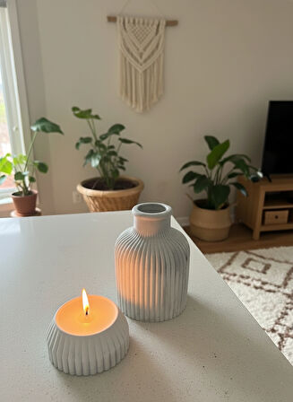 Bohem İskandinav Vazo ve Soya Mum Seti | Mat Gri Beyaz Modern Dekoratif 2'li Set HEDİYE