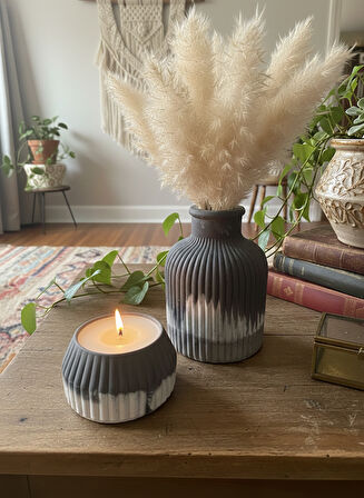 Bohem İskandinav Vazo ve Soya Mum Seti | Mat Gri Beyaz Modern Dekoratif 2'li Set HEDİYE