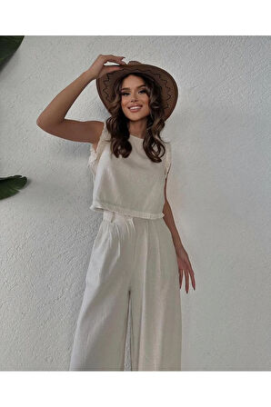 Bej Ucu Tüylü Kolsuz Bluz