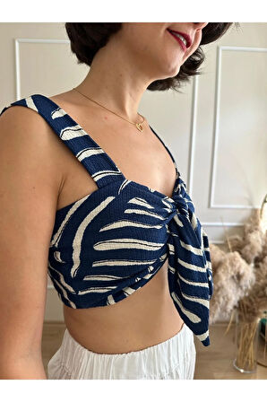 Mavi Beyaz Desenli Kalın Askılı Önden Kelebek Bağlamalı Büstiyer