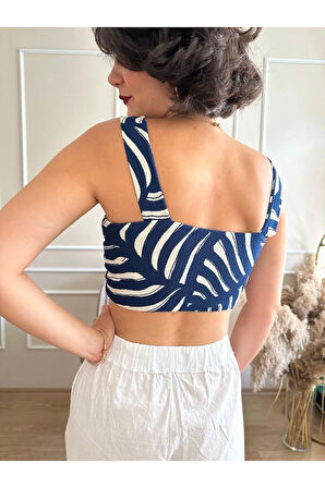 Mavi Beyaz Desenli Kalın Askılı Önden Kelebek Bağlamalı Büstiyer