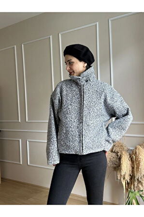 Açık Gri Kırçıllı Bebe Yaka Düşük Omuz Gizli Cepli Fermuarlı Buklet Ceket