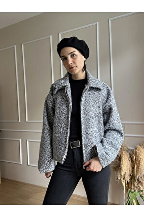 Açık Gri Kırçıllı Bebe Yaka Düşük Omuz Gizli Cepli Fermuarlı Buklet Ceket