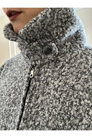 Açık Gri Kırçıllı Bebe Yaka Düşük Omuz Gizli Cepli Fermuarlı Buklet Ceket