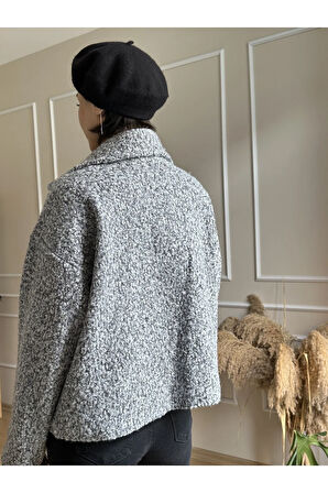 Açık Gri Kırçıllı Bebe Yaka Düşük Omuz Gizli Cepli Fermuarlı Buklet Ceket