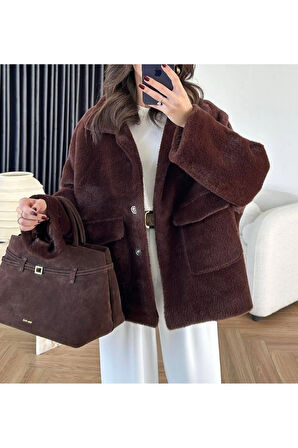 Kadın Kahverengi Torba Cepli Peluş Ceket
